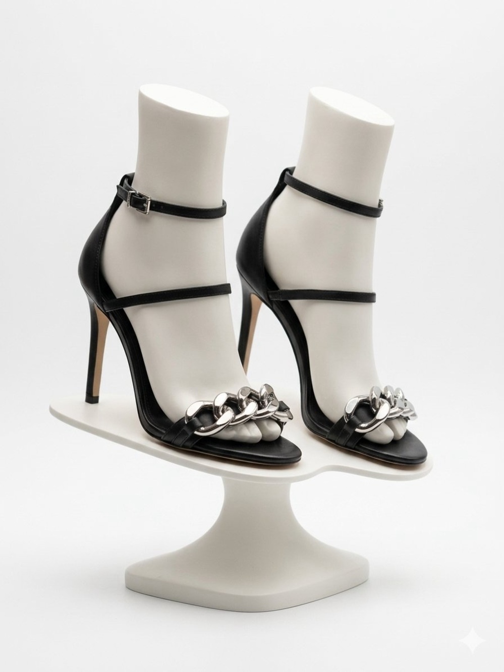 Michael Kors Black Leather Heeled Sandals with Silver Chain Accent Excellent